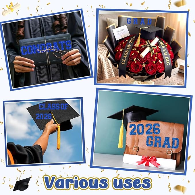 Blue 175 Pcs Graduation Photo Display Board Sticker Glitter Border Trim Alphabet Letter Number for 2026 Grad Party Trifold Poster Photo Display Science Fairs Event Displays Bulletin Board