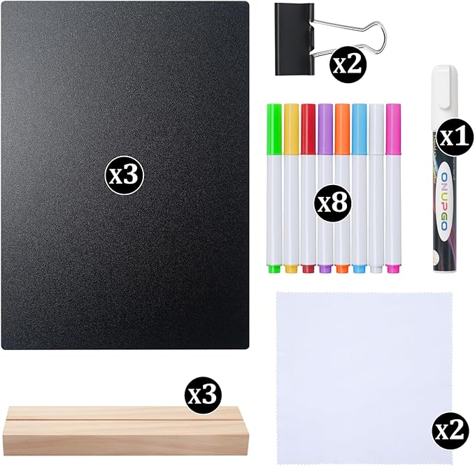 ONUPGO 3 Pack Tabletop Chalkboard with Wood Holder, 8 x12 Inch Menu Chalk Board Sign Store Food Signs, Message Boards for Party, Wedding, Tables Decoration, Bar and Restaurant