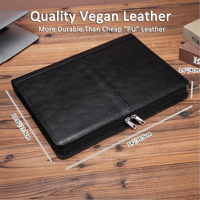 Leather Portfolio with 3 Ring Binder, Vegan Leather Padfolio Zippered, A4 Notebook Holder Laptop Sleeve Professional Business Organizer Gift for Men and Women, Black