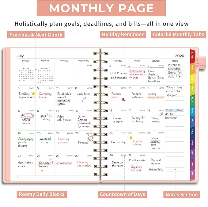 EMSHOI Academic Planner 2026-2027, Weekly and Monthly Calendar (July 2026 - June 2027), School Student Teacher Agenda Book, 100GSM Paper, PVC Cover, Colorful Tabs, A5 (6.38" x 8.35"), Pink