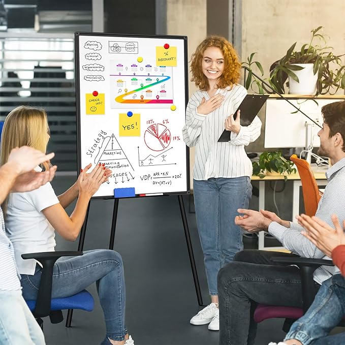 Magnetic Whiteboard Easel Stand, Dry Erase 36 x 24 White Board with Height Adjustable Tripod Stand, 3' x 2' Flipchart Easel Stand Presentation Board with Black Frame, 6 Magnets, 1 Eraser, 2 Pens