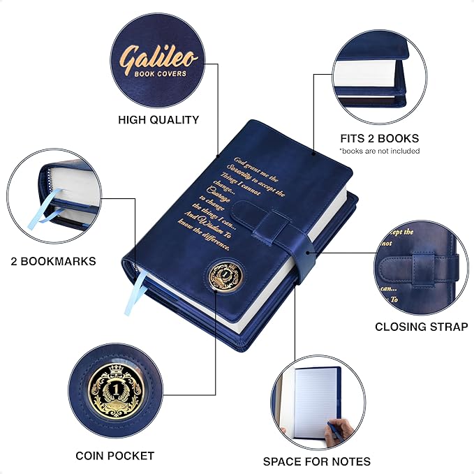 GALILEO® Double AA Big Book Cover & 12 Steps & 12 Traditions | AA Gift | Alcoholics Anonymous | PU Leather | Coin Holder | AA Book Covers (Serenity Prayer/Coin Pocket/Royal Blue Metallic)