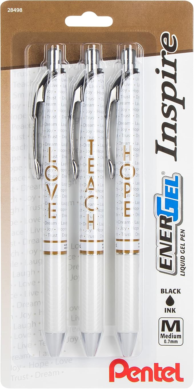 Pentel EnerGel Inspire Love/Teach/Hope, (0.7mm) Medium Line, Black Ink, Pack of 3 (BL77INSPBP3M1)