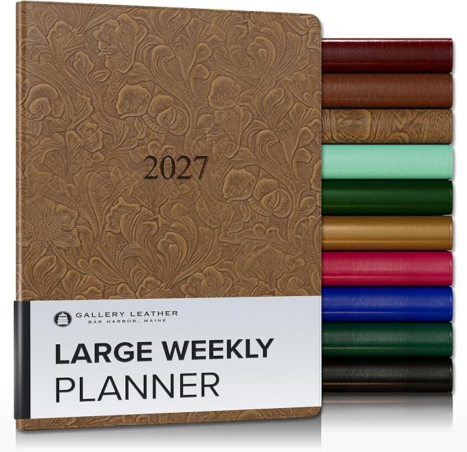 Gallery Leather Large Weekly Monthly Planner 2027, Elegantly Bound Calendar Planner and Notebook with Stylish Gold-Gilded Page Edges, 12 Months - Floral Espresso - 9.75x7.5"