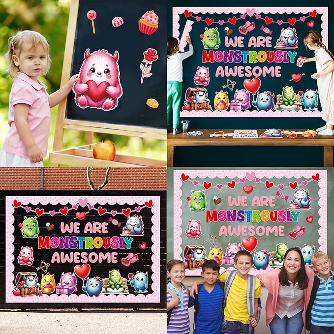 Fancy Land Valentine's Day Monster Bulletin Board Set for Classroom Decorations Valentine Monster Heart Cutouts for School Chalkboard Home Office Party Wall Door Decor Supplies 98Pcs