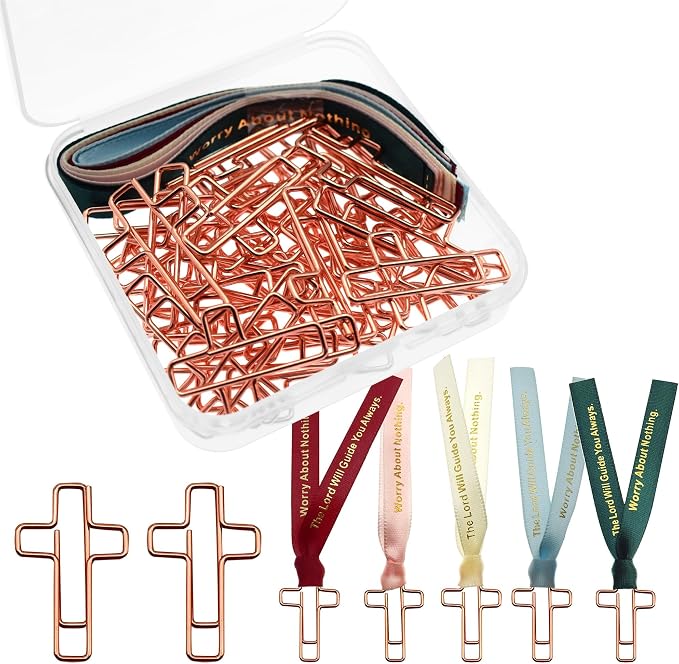 40 Pack Cross Paper Clips with Ribbons Set. 30 Rose Gold Paperclips, 10 Christian Bookmark Ribbons. Bible Study Supplies Accessories