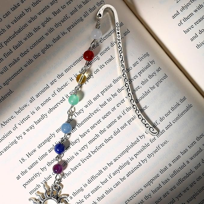 Vintage Sunshing Pendant Metal Hook Bookmark with Natural Crystal Stones and Glass Bead Chain–Elegant Bookmarks for Women,Men,Book Lovers,Girls and Teachers(Chakela)
