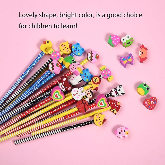 16PCS Pencils with Fruit Animal Top Eraser for Kids,Pencils with Assorted Cartoon Color Stripe Erasers Topper for Kids School Supplies and Children Prize Gifts (16)
