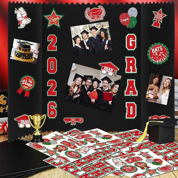 AmazingSpark 4 Sets Graduation Photo Display Board Trifold Poster Board with 12 Graduation Themed Stickers for 2026 Grad Party Decoration Picture Collage Frame Supplies (24 x 16,Red Green)