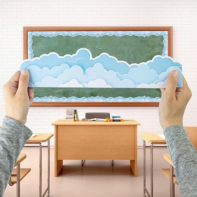 66 ft Blue Sky Clouds Bulletin Board Border Cloud Shaped die-Cut Border Trim Paper Cutouts roll for School Chalkboard Bulletin Board Window Wall Party Decor