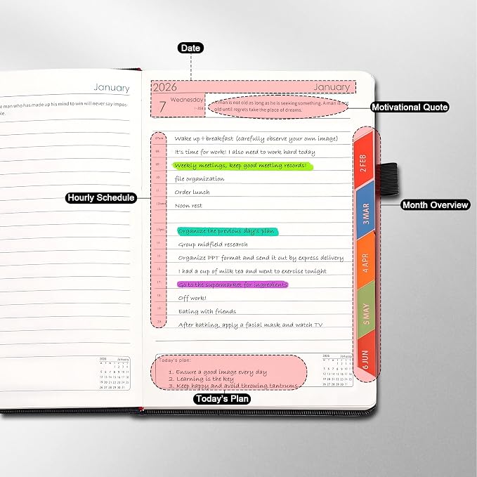 2026 Weekly Monthly Planner A5,Jan-Dec 2026 Hardcover Lay Flat Calendar Notebook, Teacher Office School Academic Organizer Planner 5.7×8.3 Inch,Black
