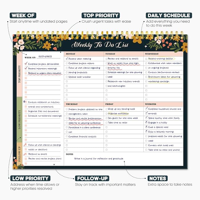 Taja Weekly To Do List Notepad with 52 Undated Sheets（8.5"×11"）- Weekly Desk Planner for Women & Man, Work and Home - 1 Pack Rustic Floral