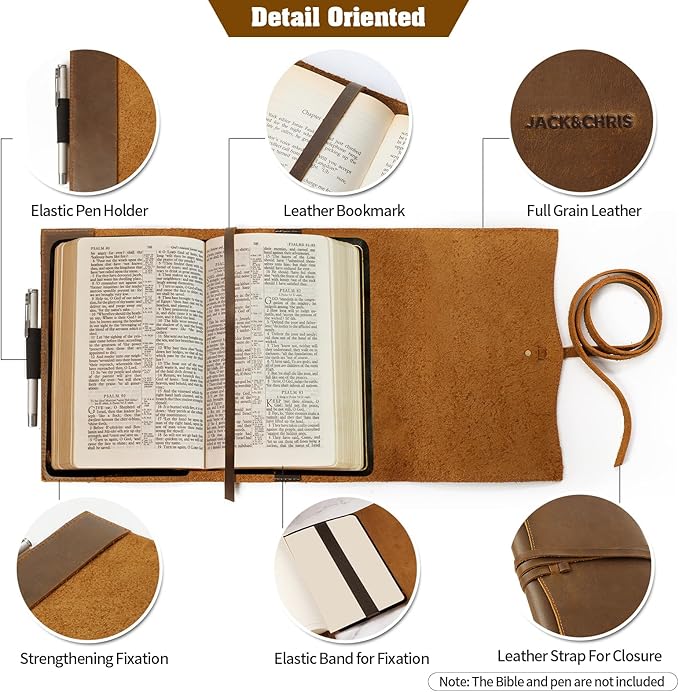 Jack&Chris Leather Bible Cover, Leather Book Cover for Men and Women, Bible Holder Strap Bible Cover Gifts, JC61-8M