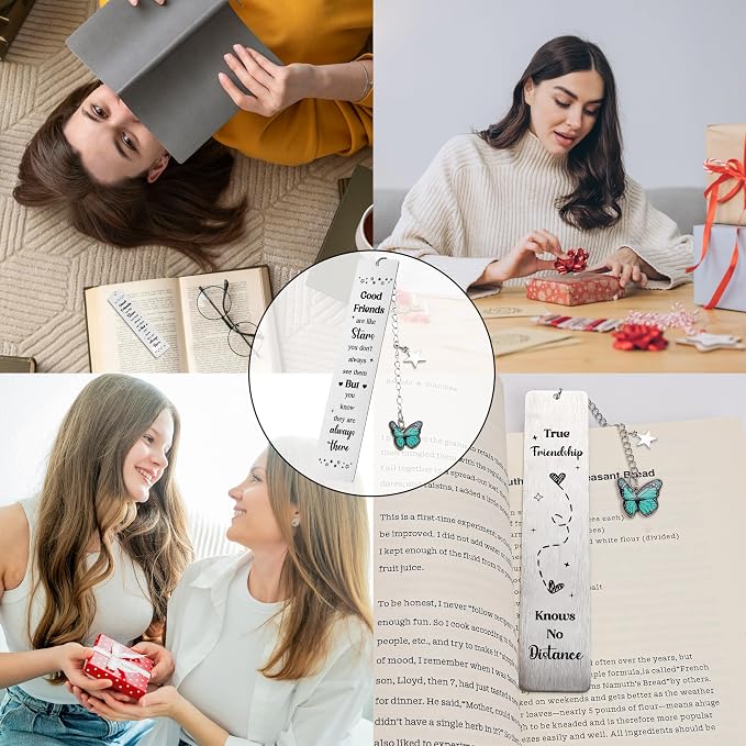 Long Distance - Stainless Steel Bookmark with Blue Enamel Butterfly Charm, Friendship Bookmarks for Book Lovers, Birthday, Graduation, Christmas, Keepsake