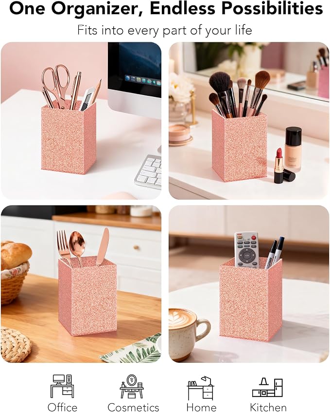 Light Pink Glitter Acrylic Pen Holder, Acrylic Makeup Brush Storage Organizer, Pencil Pen Holder for Desk, Modern Desktop Accessories for Office School Home Supplies
