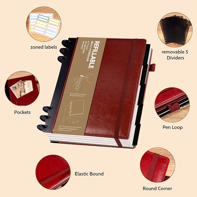 Refillable Notebooks for Work Discbound: Hardcover Notebook with 5 Subject Removable Dividers Tabs Colleged Ruled Small Journal for Writing Women Men 224 Pages,Dark Red