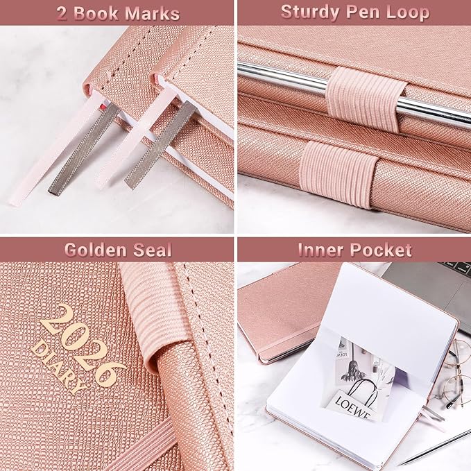 2026 Appointment Book & Planner - Jan. 2026 - Dec. 2026, Daily Hourly Planner 2026, 5.75" X 8.25", 60-Minute Interval, Faux Soft Leather Cover, Premium Paper with Pen Holder, Inner Pocket - Rose Gold