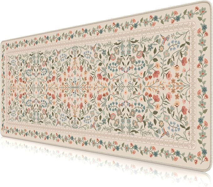 iCasso Aesthetic Floral Desk Mat, L Mouse Pads, Anti-Slip Mousepad with Stitched Edges, Waterproof Computer Pad 11.8"x31.5", Desk Accessories Office Decor for Women(Beige)