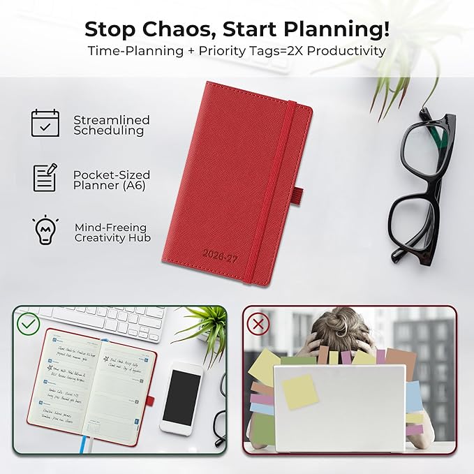 Weekly Monthly 2026-2027 Planner (July 26-Dec 27),6.5"x3.75",18 Months Agenda Plan with Month Tabs & Pocket,Expenses/Note Pages, Academic Calendar with Vegan Leather Cover,Red