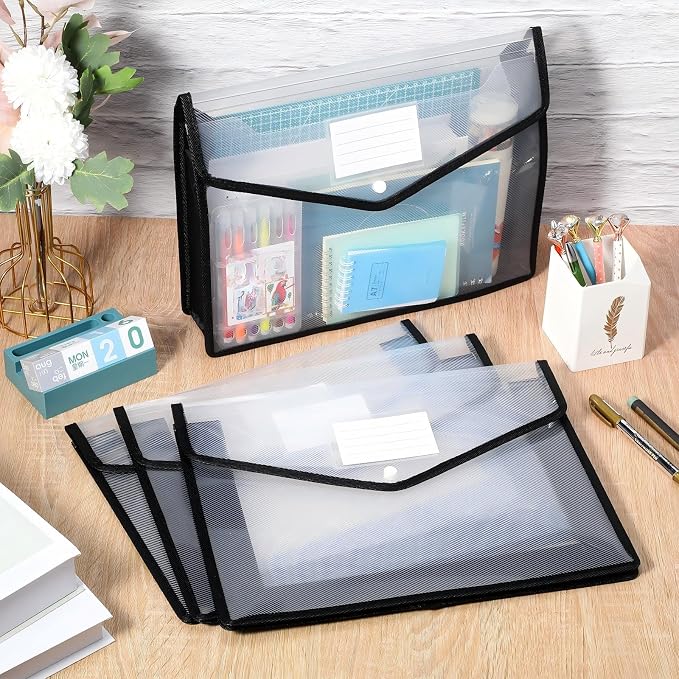 10 Pieces Plastic File Folders Envelope Expanding File Wallet Organizer Documents Folder with Snap Closure and Pocket B4 Waterproof Transparent Pouch for School Office(Black, White,Horizontal)