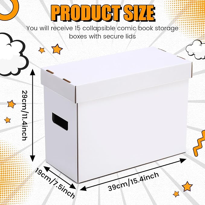 Fuyoooo 7 Pack Comic Book Storage Boxes, Holds 150-175 Comics, 15.4 x 7.5 x 11.4 Inch Stackable Comic Short Bin Organizer Cardboard Box for Collapsible Magazine Book Collecting Supplies