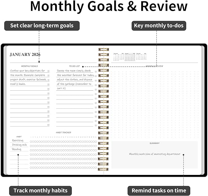 KMQOY Monthly Planner 2026-2027, 2026 Calendar 24 Months Planner, Jan 2026 - Dec 2027, 7.5"x10", Personal Calendar with Monthly Goals, To-Do List, Habit Tracker, 2 years for School Office Home Planning(Black)