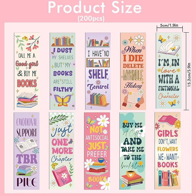 200 Pcs Funny Bookmarks Bulk for Book Lovers: 200 PCS Aesthetic Paper Book Marks for Reading Women, Cute & Funny Reading Accessories, Bookish Gifts for Women Girls Book Club Members Students