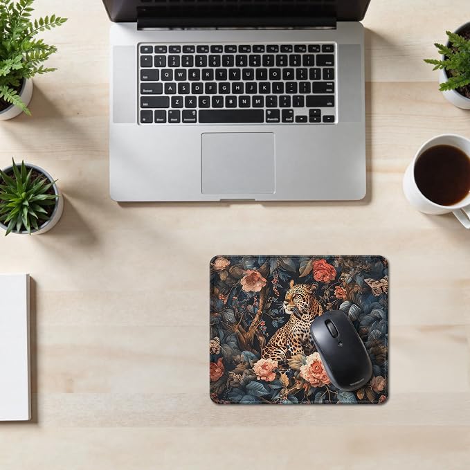 William Morris Inspired Floral Leopard Mouse Pad, Maximalist Wild Animal Cheetah Mouse Pad for Home Office Computer Gaming Desk Accessories, Leopard Cheetah Gifts for Women, 9.5x7.9 Inch