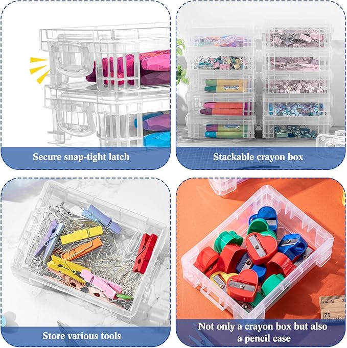 Suzile 40 Pcs Plastic Crayon Boxes Holds 24 Crayon with Snap Lid Storage Container Clear Stackable Case for School Office Classroom Supplies Pen Pencil Craft(Clear)