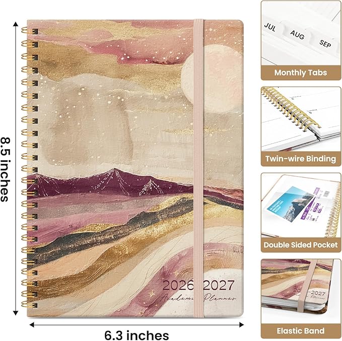 Planner 2026-2027, Academic Year Monthly and Weekly Calendar Planner, Jul 2026 - Jun 2027, Hardcover Teacher Student Planning Agenda book with Tabs, Perfect for School Office Supplies, 6.3" x 8.5" - Landscape