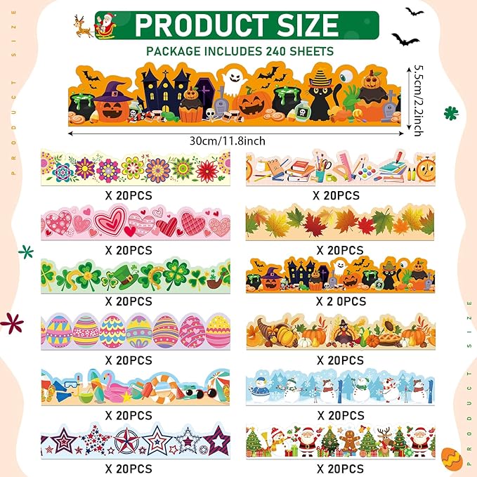 240 Pcs 236ft Holiday Bulletin Board Borders Colorful Rainbow Scalloped Border Trim Bulk Bulletin Decor for Classroom Back to School Decor(Cute)