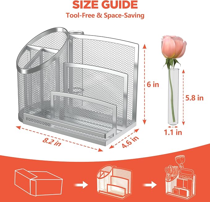 3 Compartment Pen Holder with Vertical Mail Organizer and Flower Tube, Metal Mesh Desk Organizer Modern Decor Aesthetic-Paper Letter Sorter Ideal for Pencil,Envelope and File(Silver)