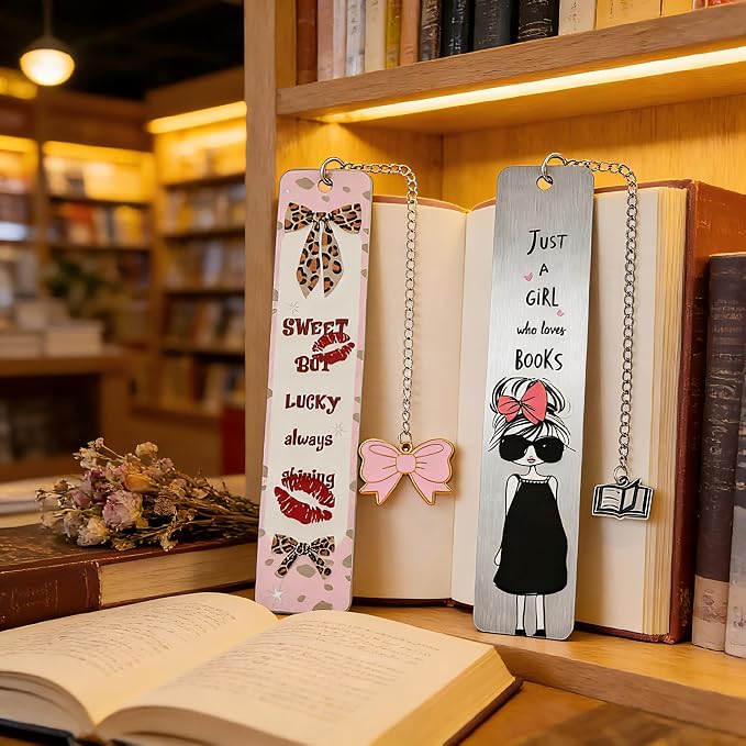 Pink Bowknot Stainless Steel Bookmark - Printed with Cute Bowknot Patterns & Equipped with Heart Pendants, Ideal for Female Readers, Perfect Birthday Gift for Girlfriends (2pcs Set B)