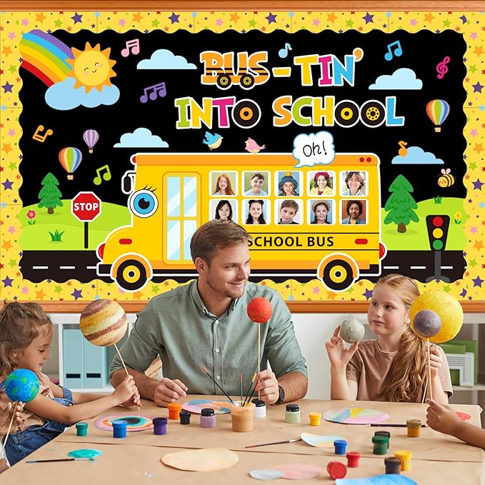 FYSUIMU 72 Pcs Back to School Bus Bulletin Board Decoration Set Yellow Bus-Tin Into School Photo Paper Cutouts with 150 Pcs Glue Points for DIY Crafts Classroom Party