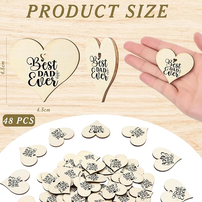 Weysat 48 Pcs Father's Day Crafts Decorations Wooden Heart Shaped Cutouts Best Dad Ever Wooden Ornaments Blank Wood Father's Day Gifts Bulk Tag Keepsake for DIY Dad Birthday Party Hanging Decor