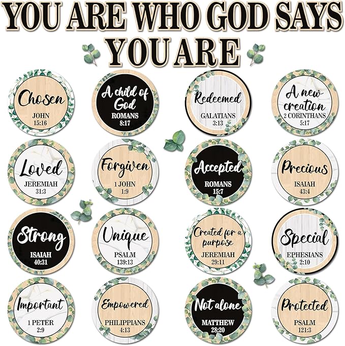 Qyeahkj Christian Bulletin Board Decoration Greenery God Says You are Religious Classroom Wall Decor Eucalyptus Motivational Quote Cutout Christmas Bulletin Board Set for Sunday School Home Church