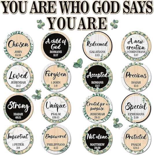 Qyeahkj Christian Bulletin Board Decoration Greenery God Says You are Religious Classroom Wall Decor Eucalyptus Motivational Quote Cutout Christmas Bulletin Board Set for Sunday School Home Church