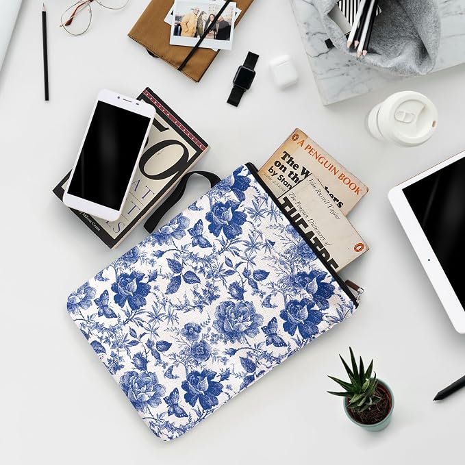 Blue and White Porcelain Vintage Chinoiserie Printing Book Lovers Gifts Book Sleeve for Women Grandma Readers Librarian with Handled Waterproof BookCover Case Book Club Gifts Book Accessories