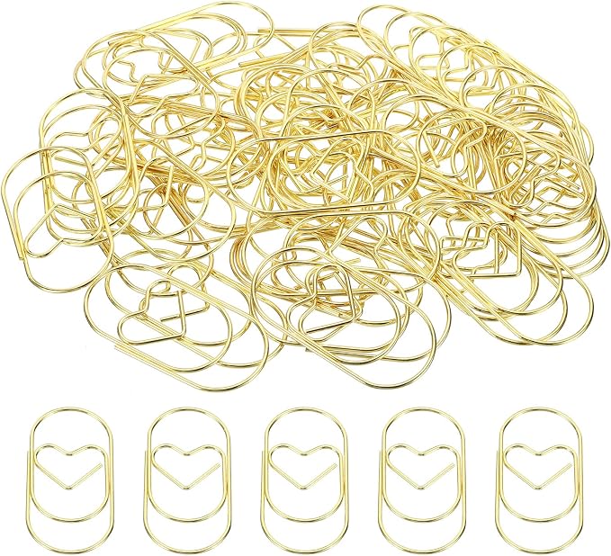 MECCANIXITY Paper Clip Heart-Shaped Cute Decorative Fun Clips Bookmarks 2 Inch Gold Tone for Organize Office Home, Pack of 50