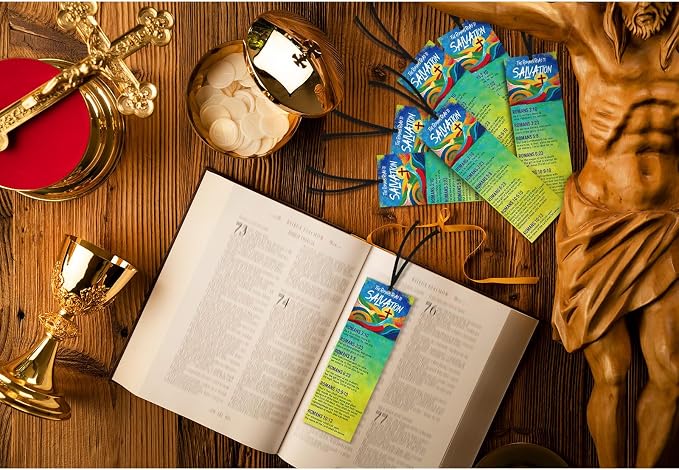 Fuyoooo 50 Pcs Romans Road to Salvation Bookmarks 6 x 2 Inches Roman's Road Bookmarks Gospel Tracts with 50 Pcs Hanging Strings Christian Inspirational Scripture Gift for Church Evangelism Men Women