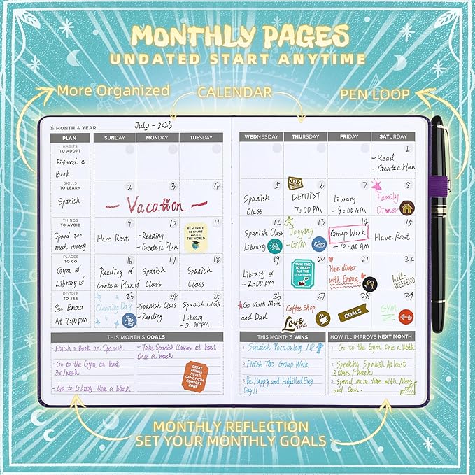 Undated Academic Planner Hardcover (5.5x8.5") - Flexible Weekly & Monthly Organizer with Stickers, Productivity Journal for Students & Professionals(Turquoise)