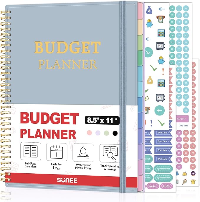 SUNEE Budget Planner - Monthly Budget Book with Expense Tracker Notebook, A4(8.5" x 11") Undated 12 Month Bill Organizer & Finance Planner to Manage Your Money, Account Book with Colorful Tab, Blue