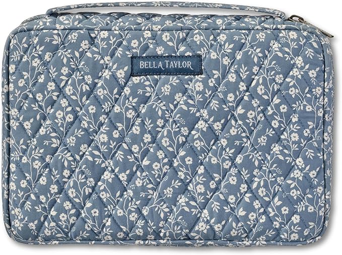 Bella Taylor Small Bible Cover for Women, Quilted Cotton Fabric Bible Case for 6 x 9 inch Bibles, Heritage Blue Floral