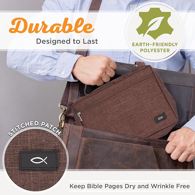 Christian Art Gifts Polyester Bible Cover for Men & Women w/Jesus Fish Patch, Secure Zipper Pocket, Pen Loops, Easy Carry Book Case for Stationery, Accessories, Brown, XL