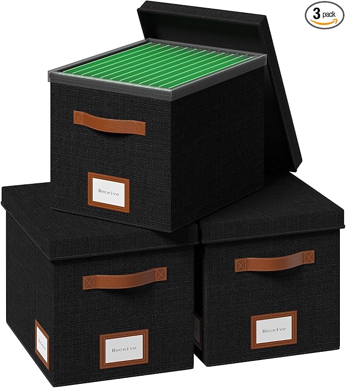 File Organizer Box with Lid File Box for Hanging Decorative File Organizer with One-Piece Integrated Plastic Slide Rail (Black, 13.2x10.1x10.1inch(3pack))