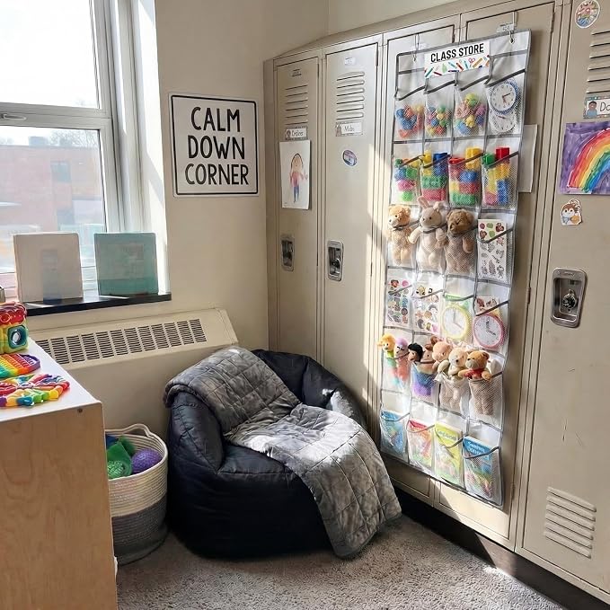 24 Pocket Classroom Organizer Teacher Incentive Reward Chart Treasure Wall Display for Teacher over The Door Hanging Storage Prize Chest Holder Mesh Fabric with Label Cards for Class Store Prize