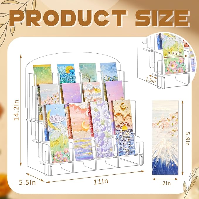 Yuntau Acrylic Bookmark Display, Adjustable 2. 2'' Bookmark Stand, Portable Sticker Holder, Curved Pockets Greeting Card Display for Business Vendor, Retail Store Shop(Detachable,12 Pockets)