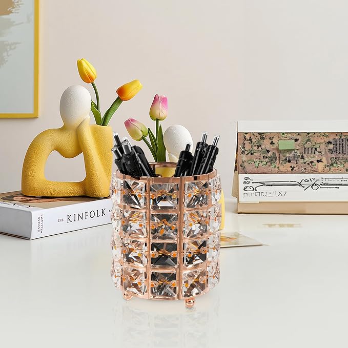 Crystal Pen Holder, Pencil Cups for Desk, Multi-Purpose Desktop Organizer, for Office Writing Desk (Rose Gold)