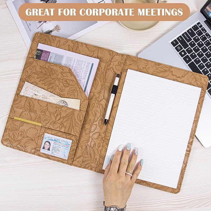 Free Engraved Name,Embossed Padfolio Portfolio PU Leather Binder,Interview Resume Folder,Business Card Holder, Organizer with A4 Legal Pads for Men Women(Light Brown,Custom)