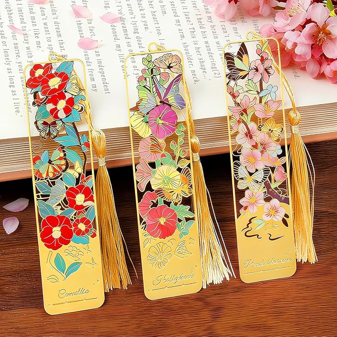 3pcs Metal Flower Bookmarks with Tassel, Goden Hollow Butterfly Theme Book Marks for Reading Women, Cute Book Markers for Book Lovers Writers Readers Teens Women Teachers Students (Style B)